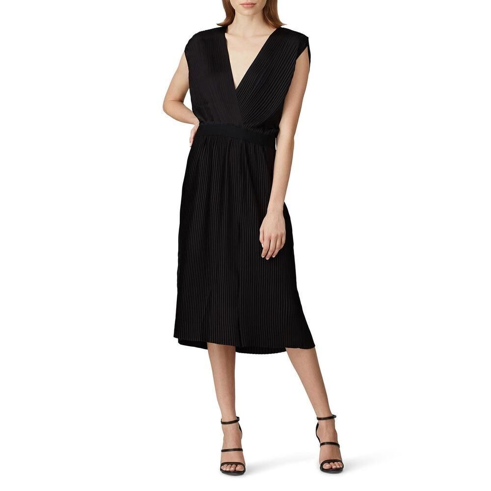 Tome Midi Dress Women's Small Black Cross Front Pleated V-Neck Dolman Sleeve RTR